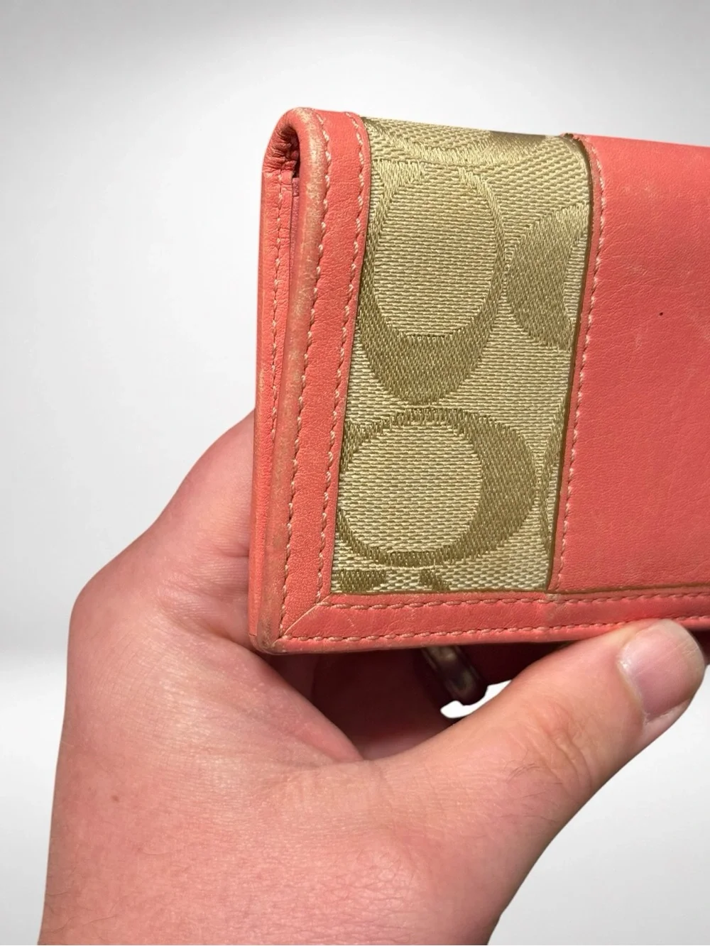 COACH Signature Card Case Wallet Khaki Coral Pink Leather Bifold Vintage Y2K